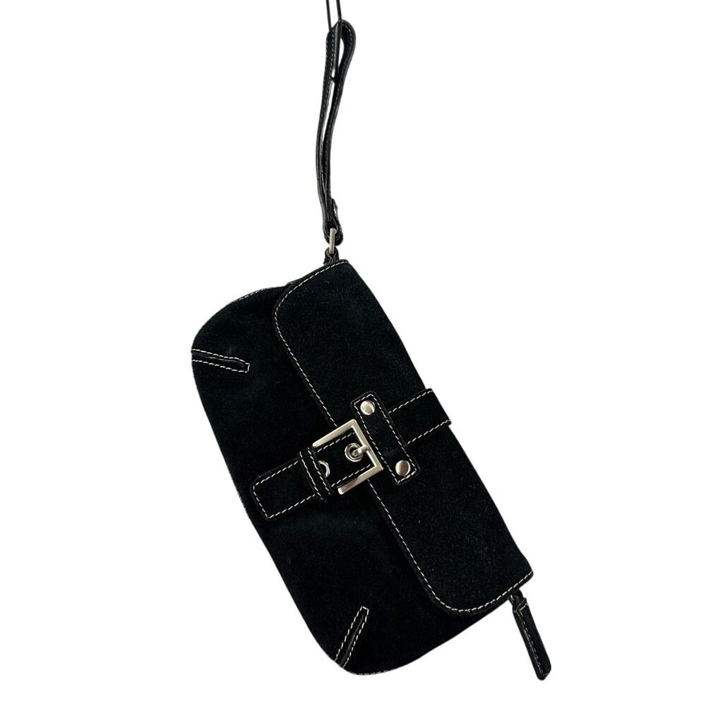 Aerosoles Suede Wristlet Clutch Silver Buckle Minimalist Black Y2K
